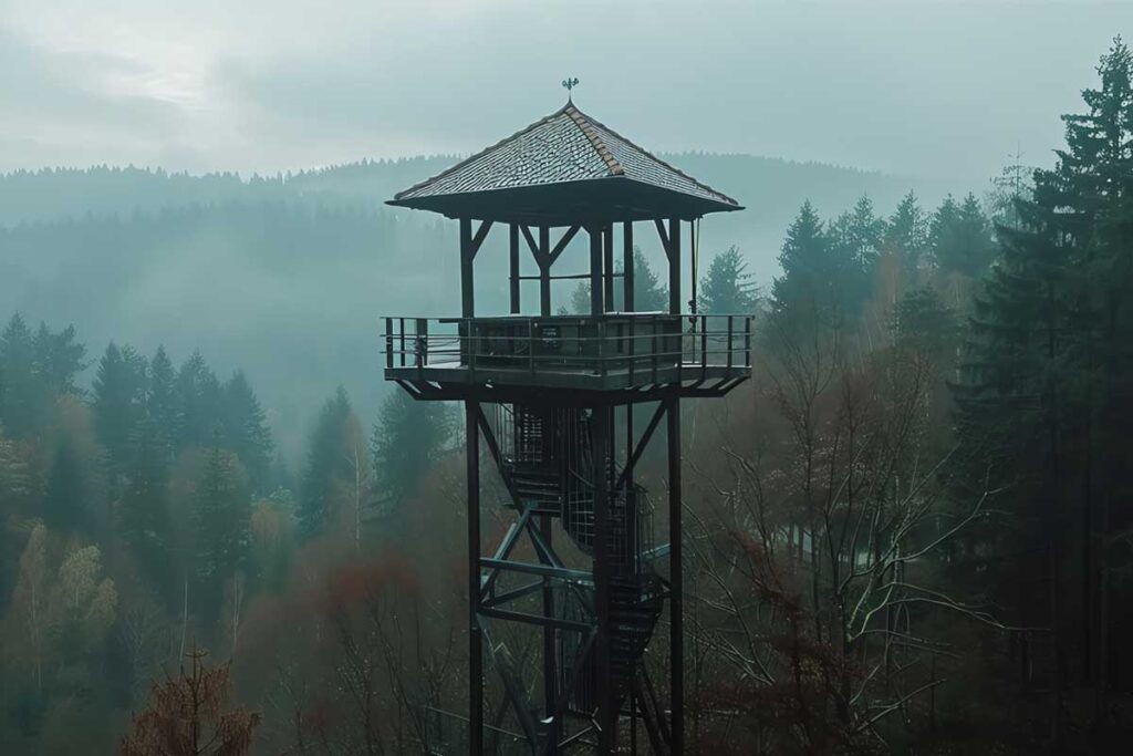 Scenic view of the Hunter Mountain Fire Tower in Hunter, NY, surrounded by lush forest and mountain landscape under a clear sky.
